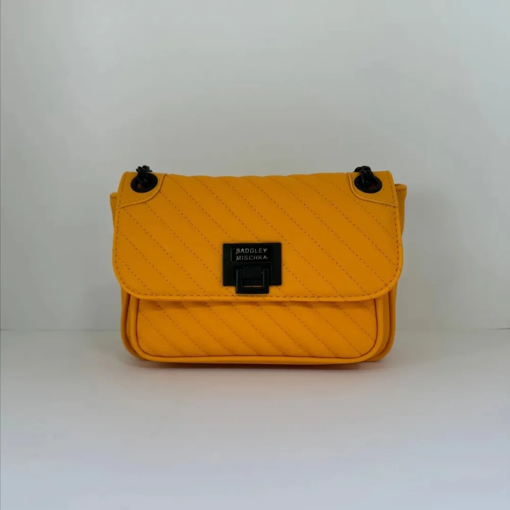 Badgley Mischka Crossbody Quilted Handbag Mustard Yellow Black Hardware NEW